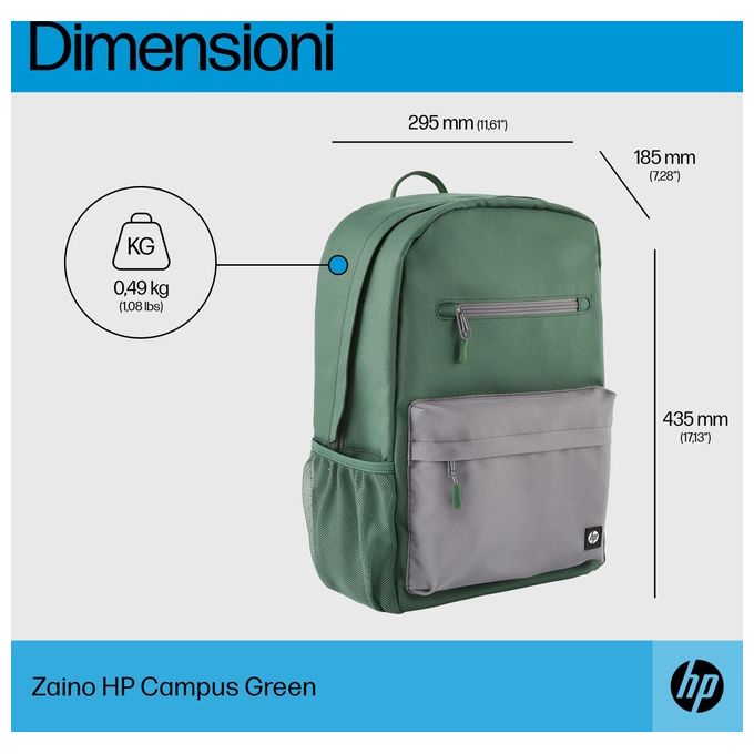 HP 7J595AA Campus Green Zaino per Notebook 15.6'' Resistente all'Acqua Scomparto Imbottito colore Verde