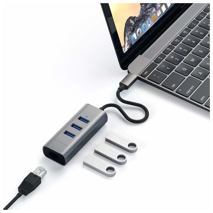 Satechi Hub 2 in 1 3 Porte Usb 3.0 Tipo C con Porta Ethernet Space Gray