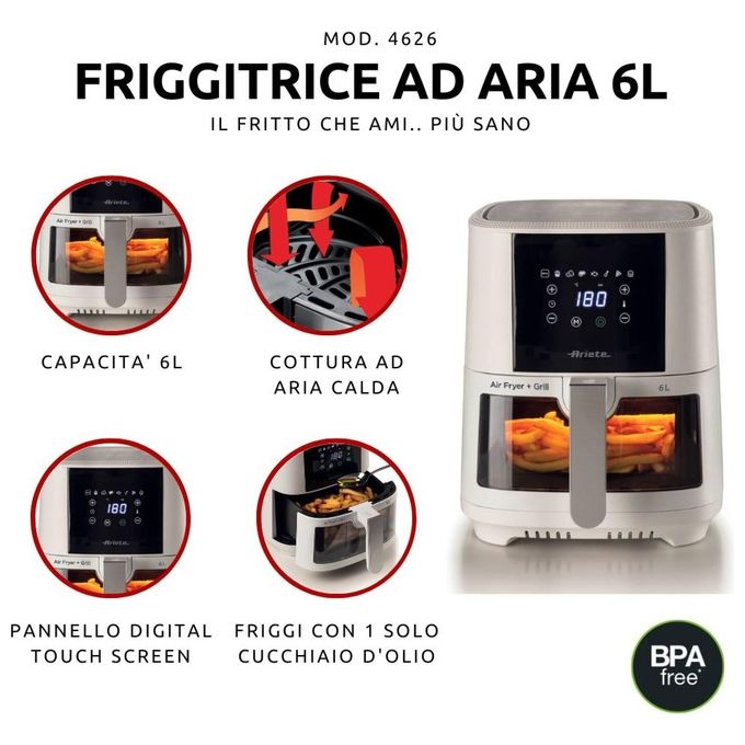 Ariete 4626 Friggitrice ad aria 6 L 1300 W 8 programmi preimpostati Display Touch colore Bianco