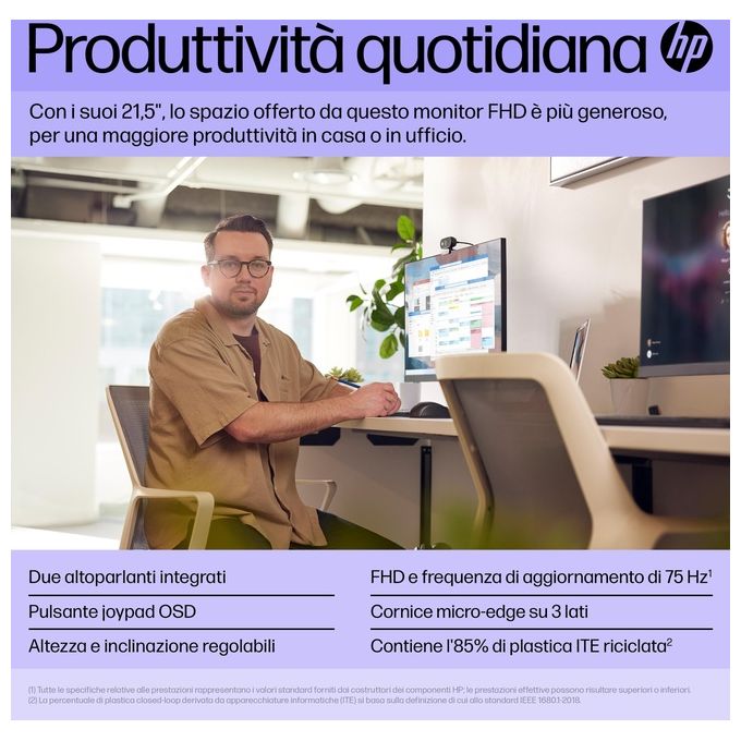 HP 64W30AA#ABB P22h G5 Monitor PC 21.5'' Full HD 1920x1080 IPS 75Hz Altoparlanti integrati colore Nero