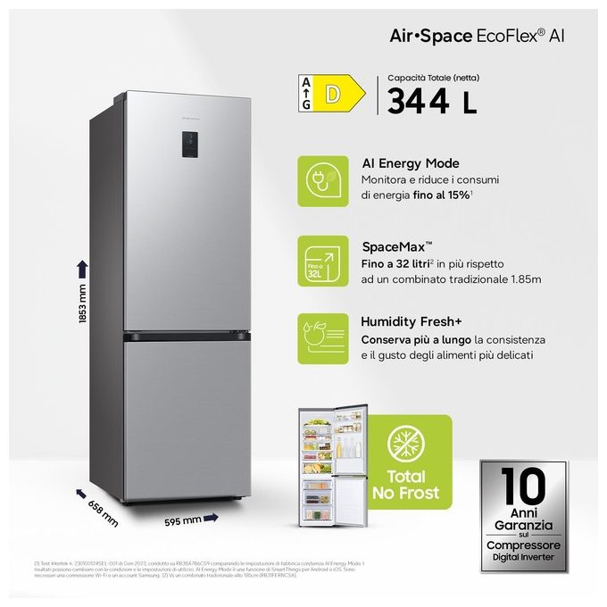 Samsung RB34C675DSA EcoFlex AI Frigorifero Combinato 344 L 185 cm Classe D 35 dB No Frost Wi-Fi Display Touch colore Acciaio Inossidabile