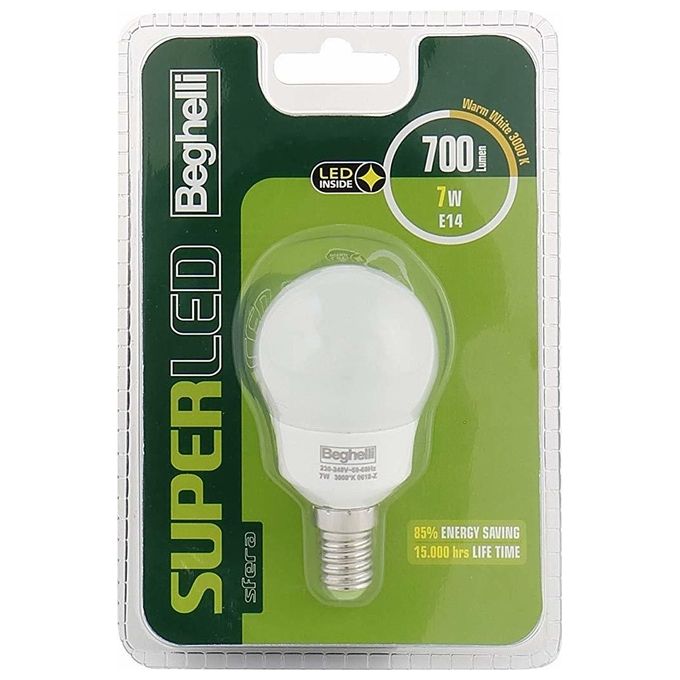 Beghelli Lampadina a Led Sfera 7W e14 3000k Superled Luce Calda 700Lumen
