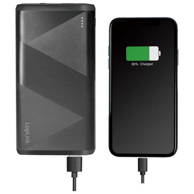 Logilink Power Bank 10000 mAh 1 Usb-A QC (QuickCharge 3.0) e 1 Usb-C PD (Power Delivery 2.0) con cavo 2 in 1 Nero
