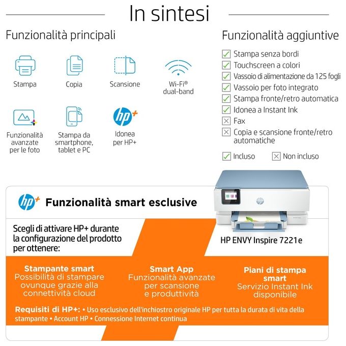HP 2H2N1B ENVY Inspire 7221e Stampante Multifunzione Inkjet A4 4800x1200 DPI 15 ppm Wi-Fi Fronte Retro colore Bianco