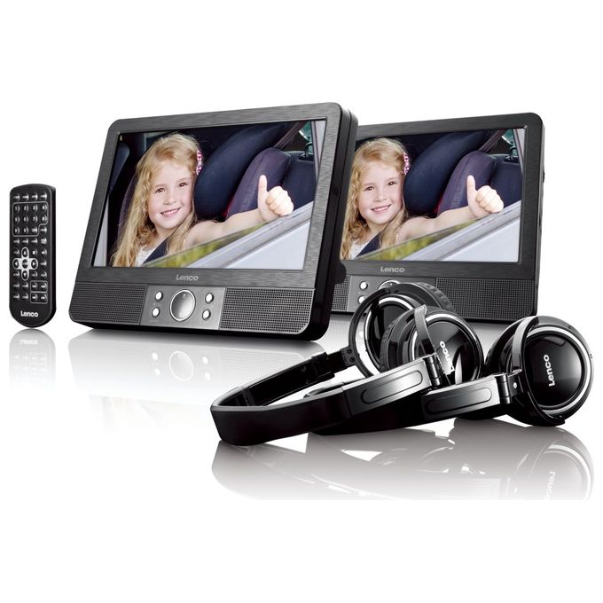 Lenco MES-415 Lettore DVD Portatile con Doppio Schermo 9'' Risoluzione 800 x 480 Pixel USB SD HDMI 2 Uscite Cuffie Staffe di Montaggio per Auto Alimentazione 12V e AC Telecomando colore Nero