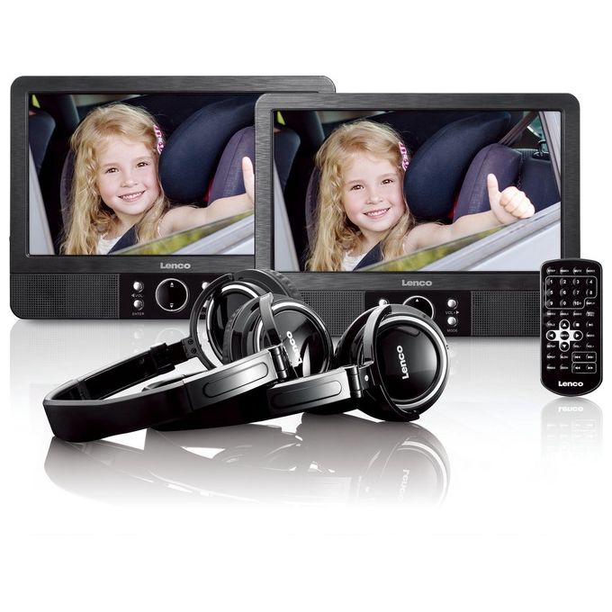 Lenco MES-415 Lettore DVD Portatile con Doppio Schermo 9'' Risoluzione 800 x 480 Pixel USB SD HDMI 2 Uscite Cuffie Staffe di Montaggio per Auto Alimentazione 12V e AC Telecomando colore Nero