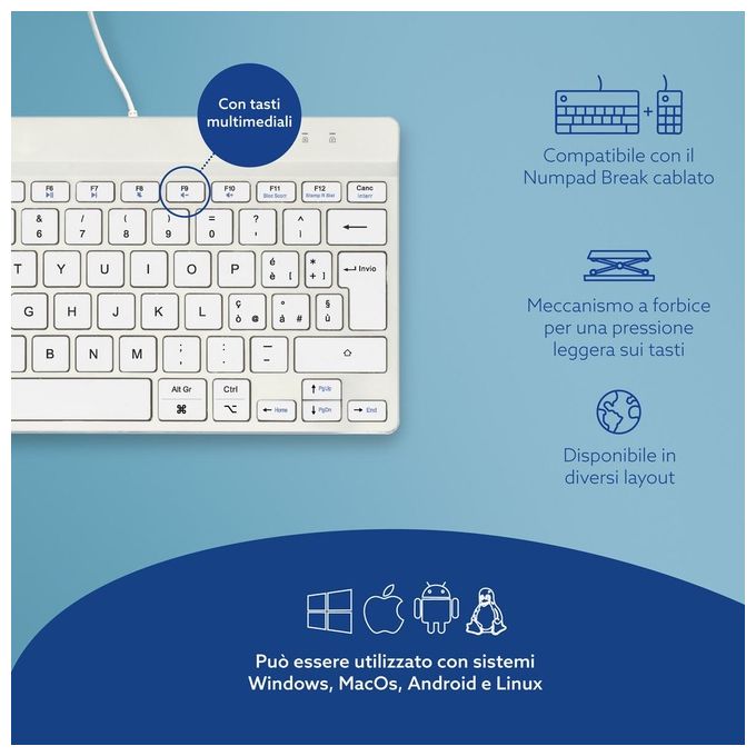 R-Go Tools RGOCOITWDWH Tastiera Ergonomica Compact Break Mini USB QWERTY IT con Software Break colore Bianco