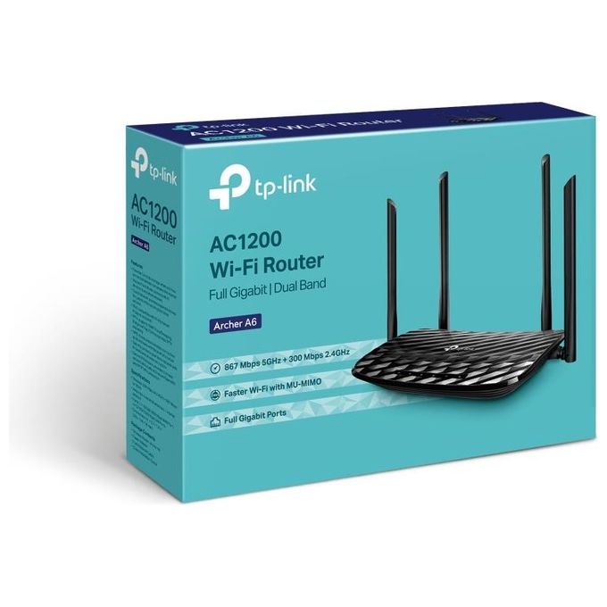 TP-Link ARCHER A6 Router Wireless AC1200 Dual-Band 2.4 GHz 5 GHz Wi-Fi 5 Gigabit Ethernet 5 Porte LAN colore Nero