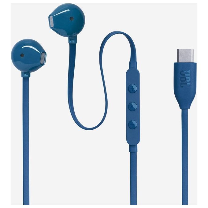 JBL Tune 305 C Auricolari USB-C ad Alta Risoluzione Audio con Cavo Piatto Antigroviglio Comando a 3 Tasti Bassi Profondi Pure Bass Blu