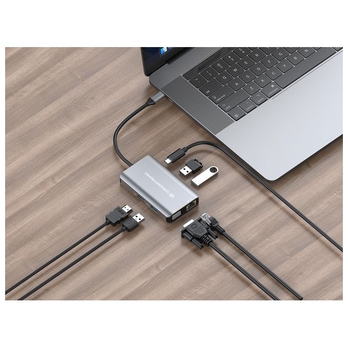 Conceptronic DONN21G Docking Station 7 in 1 USB 3.2 Gen 1 HDMI VGA GbE LAN USB A 3.0 x3 100 W USB PD colore Grigio