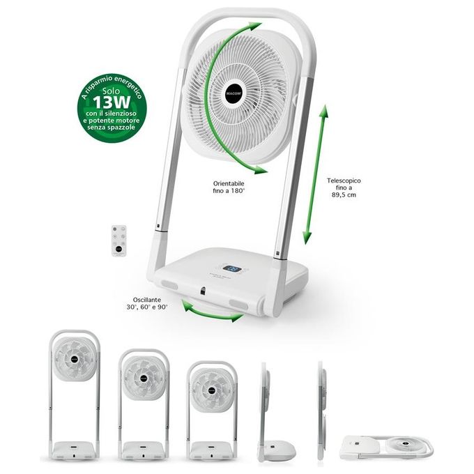 Macom 986 Slimmy Ventilatore a Piantana Pieghevole 9 Velocita' 13W Timer 8h Telecomando colore Bianco
