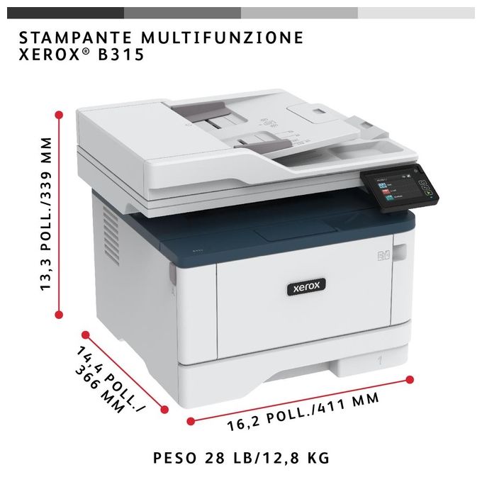 Xerox B315V_DNI B315 Stampante Multifunzione Laser A4 Mono 40 ppm Copia Stampa Scansione Fax Fronte Retro Wi-Fi 2 Vassoi 350 Fogli colore Bianco