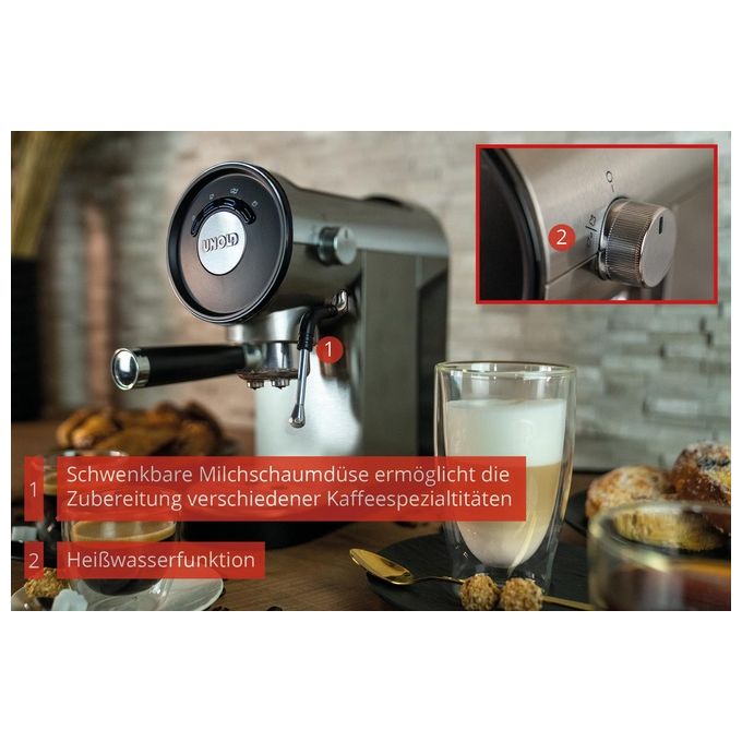 Unold 28636 Piccopresso Macchina da caffe' Espresso 0,9 L 20 bar 1360 W con Montalatte e Funzione Acqua Calda colore Acciaio inox-Nero