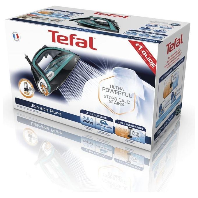 Tefal FV9844 Ultimate Pure Ferro da stiro a secco e a vapore 3200 W con piastra Durilium Autoclean e sistema anticalcare automatico colore Nero Blu