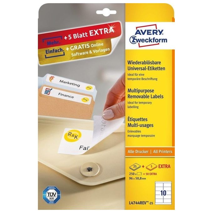 Avery Etichetta Rimovibile 96x50,8mm 25 Fogli