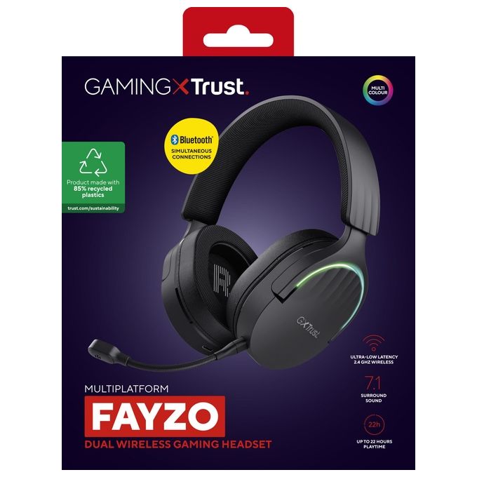 Trust 24901 GXT 491 Fayzo Cuffie Gaming Wireless Bluetooth 2.4 GHz Surround 7.1 50 mm 22 ore RGB colore Nero