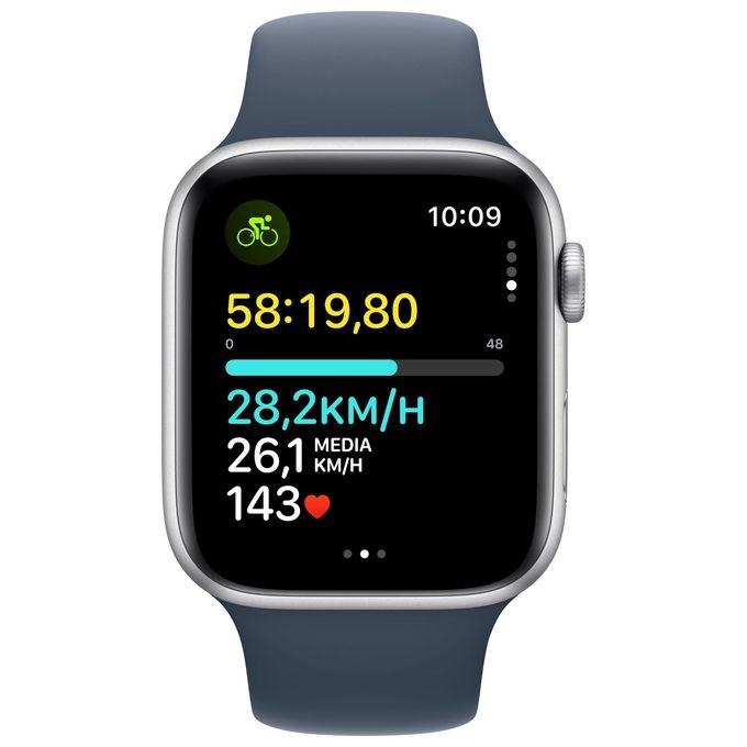 Apple MREC3QL-A Watch SE GPS Smartwatch 44mm Alluminio Rilevamento Incidenti Cadute SOS Cardiofrequenzimetro colore Argento Blu Tempesta