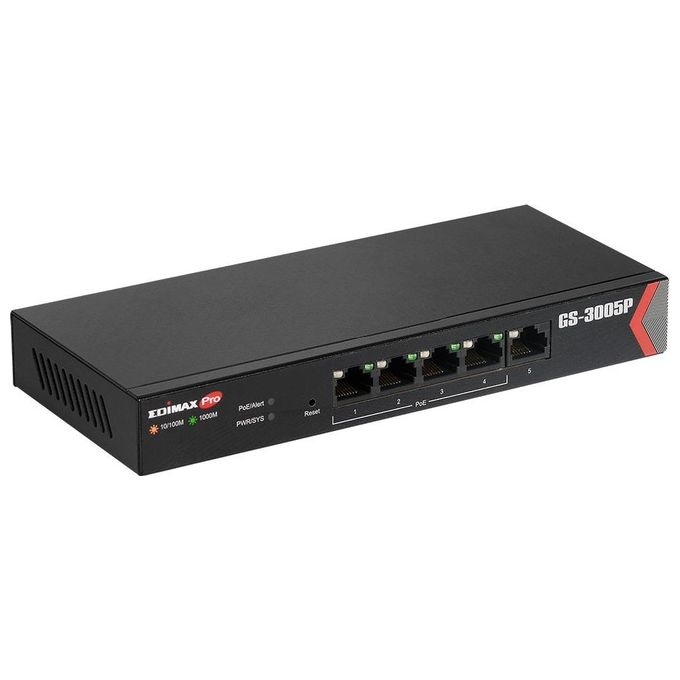 Edimax GS-3005P Switch di Rete Gestito 5 Porte Gigabit Ethernet (10-100-1000) con 4 Porte PoE+ 30 W Bilancio Totale 60 W colore Nero