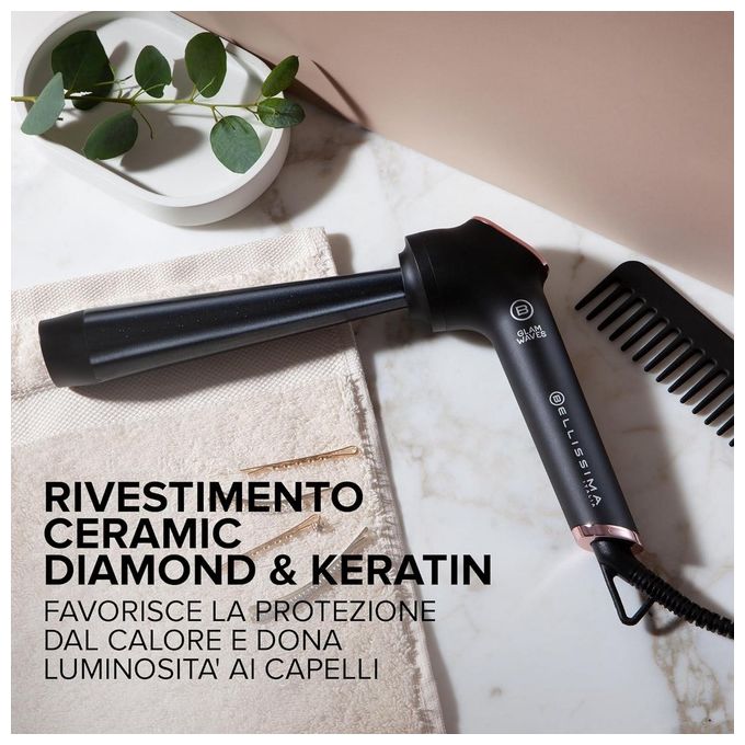 BELLISSIMA 11856 Glam Waves Ferro Arricciacapelli 5 Temperature Regolabili Display Ceramica Diamond and Cheratina Riscaldamento Rapido Puntale Antiscottatura colore Nero e Rose Gold