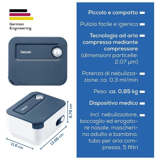 Beurer IH 16 - Aerosol a pistone velocita' di nebulizzazione 03 ml-min ampolla a capacita' standard accessori inclusi rumorosita' contenuta uso familiare (adulto e pediatrico) alimentazione a rete colore Bianco