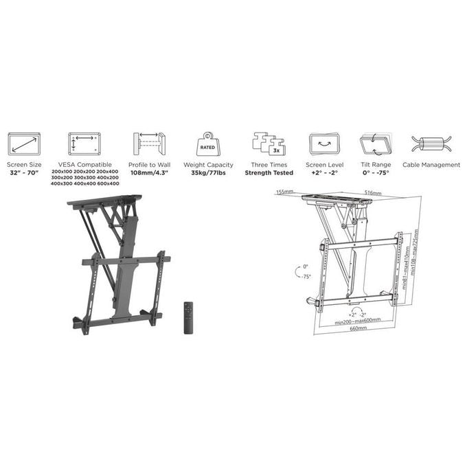 Equip 650329 Staffa di montaggio a soffitto motorizzata per TV 32'' - 70'' fino a 35 Kg inclinazione 0 - 75° con telecomando colore Nero