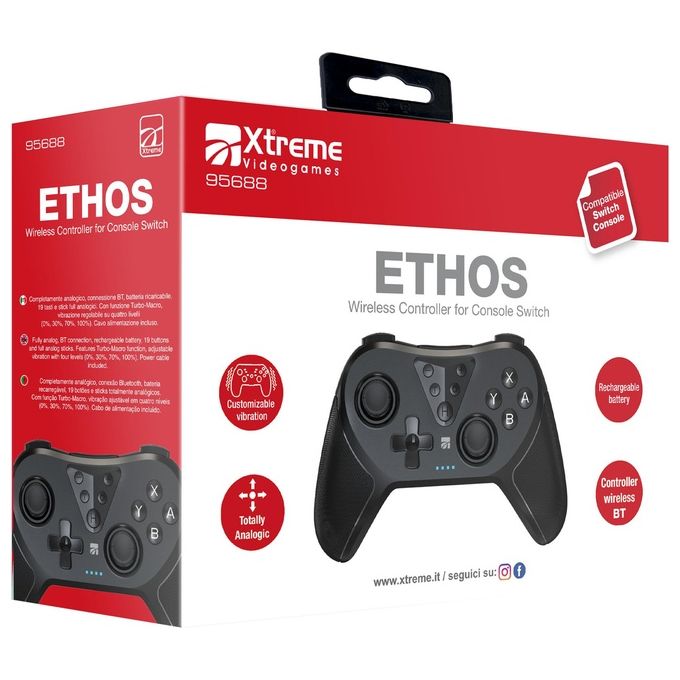 Xtreme 95688 Ethos Gamepad Wireless Bluetooth Nintendo Switch Switch 2 Switch OLED Analogico Digitale colore Nero
