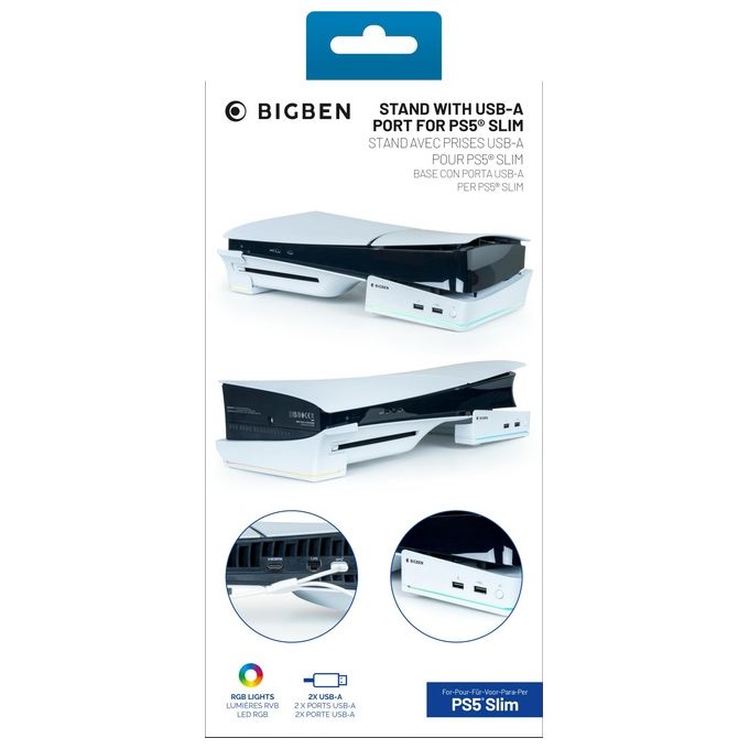 Nacon PS5SHORIZSTAND Base Orizzontale per PS5 Slim con Hub USB 3.0 e Illuminazione RGB colore Bianco