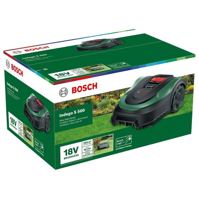 Bosch 06008B0202 Indego S 500 Tagliaerba robotizzato Superficie fino a 500 m² Batteria al Litio 18 V Lame rotanti colore Nero Verde