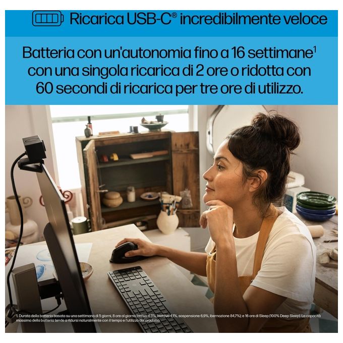 HP 6H1A5AA 925 Mouse Ergonomico Verticale Wireless RF Bluetooth 4000 DPI 6 Tasti Ricaricabile USB Type-C colore Nero
