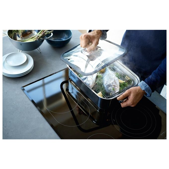 WMF 1741016040 Vitalis Aroma Pentola a Vapore Rettangolare 6.5 L con Coperchio in Vetro e Termometro Integrato Acciaio Inox colore Argento
