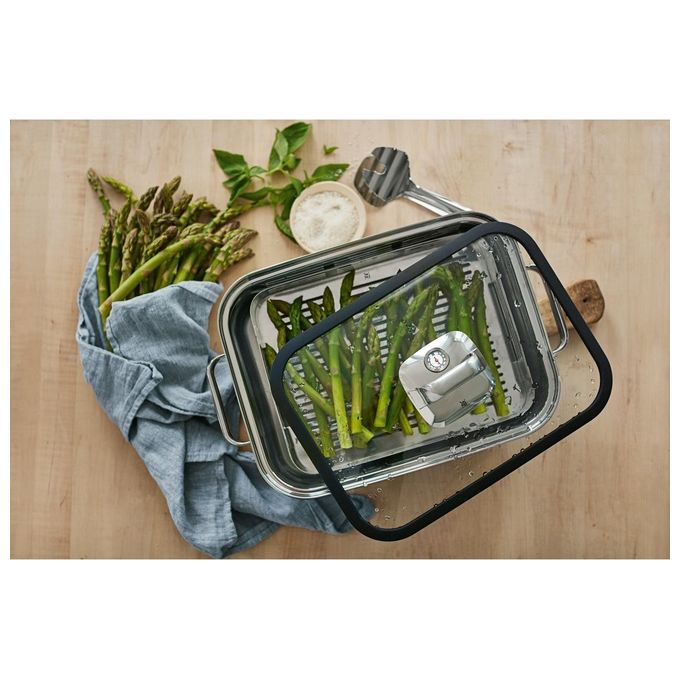 WMF 1741016040 Vitalis Aroma Pentola a Vapore Rettangolare 6.5 L con Coperchio in Vetro e Termometro Integrato Acciaio Inox colore Argento