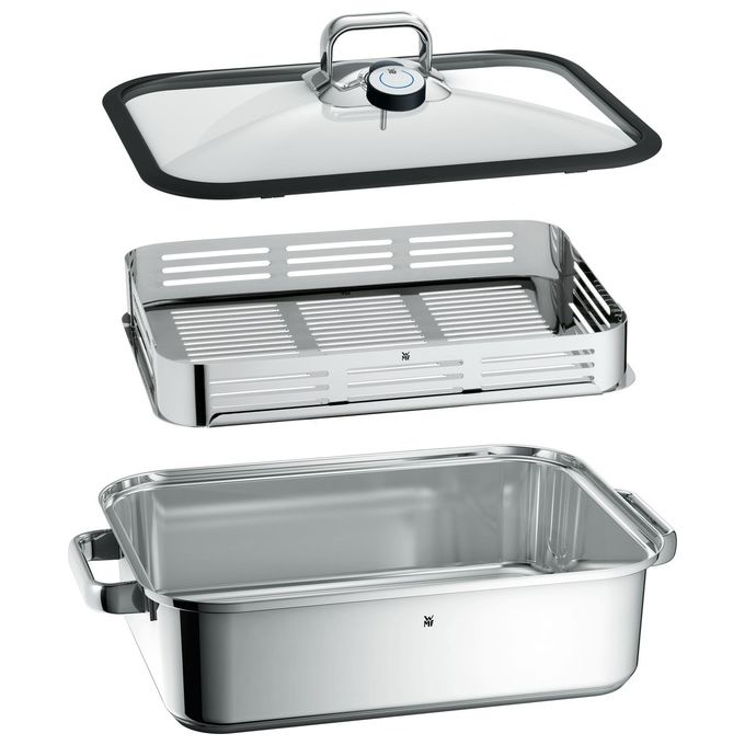 WMF 1741016040 Vitalis Aroma Pentola a Vapore Rettangolare 6.5 L con Coperchio in Vetro e Termometro Integrato Acciaio Inox colore Argento