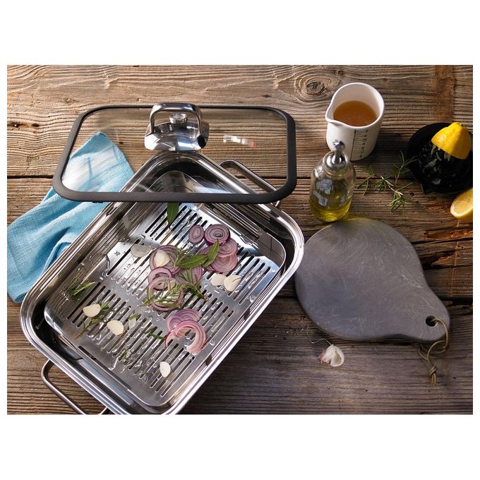 WMF 1741016040 Vitalis Aroma Pentola a Vapore Rettangolare 6.5 L con Coperchio in Vetro e Termometro Integrato Acciaio Inox colore Argento