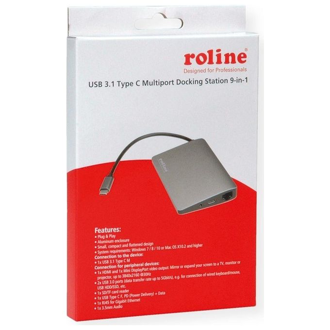 ROLINE 12.02.1021 Docking Station USB 3.2 Gen 2 Type-C 2x USB 3.2 Gen 1 Type-A 1x USB 3.2 Gen 1 Type-C HDMI 4K Mini DisplayPort Lettore SD MicroSD Uscita Audio 3.5 mm colore Grigio