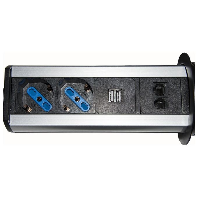 Link multipresa da tavolo a scomparsa con 2 prese 16a femmina ita-schuko, 1 rj45, 1 rj11, 2 usb