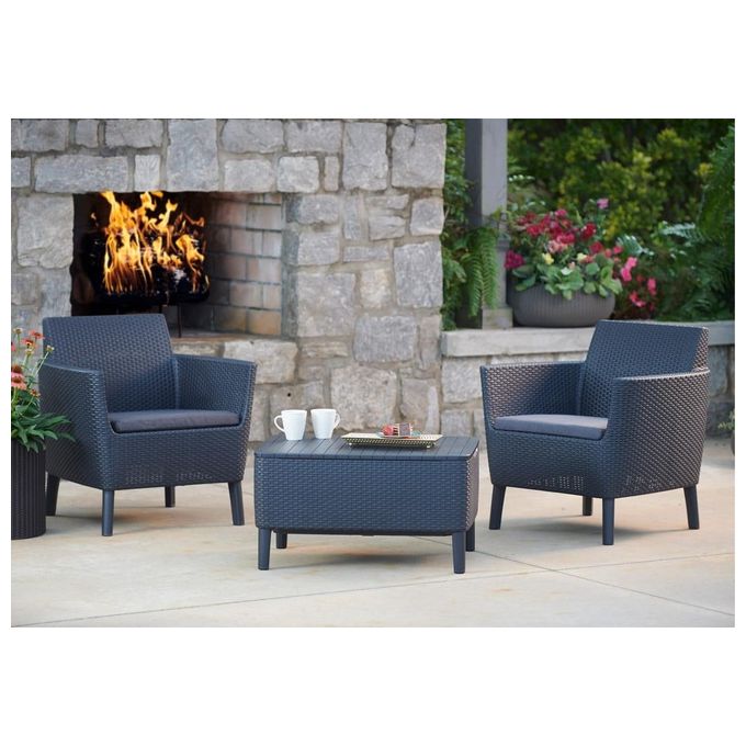 Keter 236631 Salemo Set da Balcone 2 Poltrone con Cuscini e Tavolino Contenitore in Resina colore Grafite