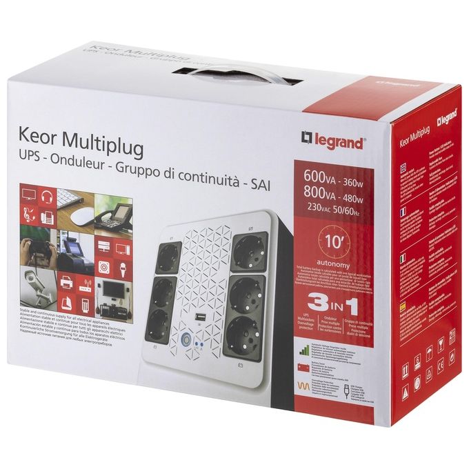Legrand 310081 Keor Multiplug UPS Gruppo di Continuita' Line Interactive 600VA 360W 6 Prese Schuko AVR colore Bianco Nero