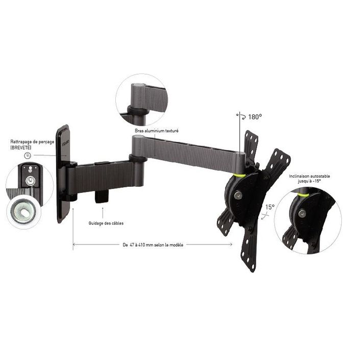 Erard EXO 200TW3 Staffa da Parete TV 15'' 37'' Inclinabile Orientabile 3 Snodi portata 15 Kg colore Nero Argento