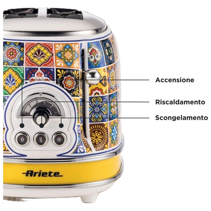 Ariete 00C01550PAR0 Positano Tostapane 2 Fette 810W 6 Livelli di Doratura Funzione Defrost Espulsione Automatica colore Giallo Blu