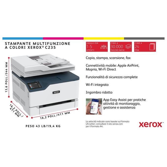 Xerox C235V_DNI Multifunzione Laser A4 Colore Stampa Copia Scansione Fax 22 ppm Wi-Fi Fronte Retro ADF Touch colore Bianco