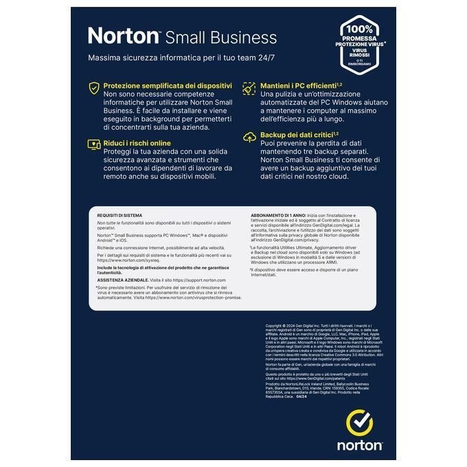 Norton 21454865 Small Business Antivirus per Piccole Imprese 6 Dispositivi 1 Anno 250 GB Cloud colore Nero