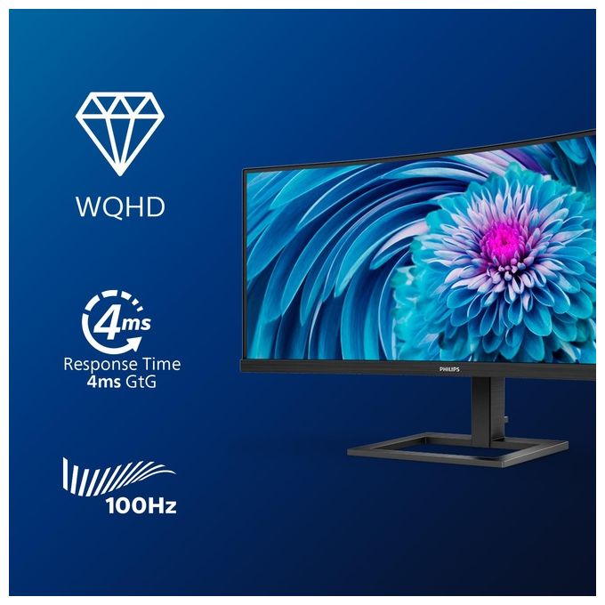 Philips 346E2CUAE E Line Monitor PC 34'' VA Curvo 3440x1440 UWQHD 100 Hz 4 ms USB-C 65W AMD FreeSync Premium colore Nero