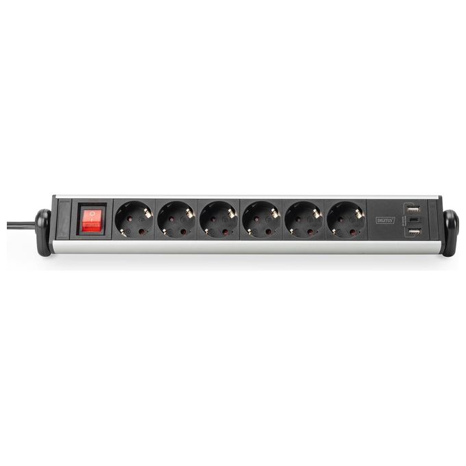Digitus DA-70624 Ciabatta Multipresa Office 6 Prese 2 USB-A 18W 1 USB-C 20W cavo 1,5 m alluminio colore Nero Argento