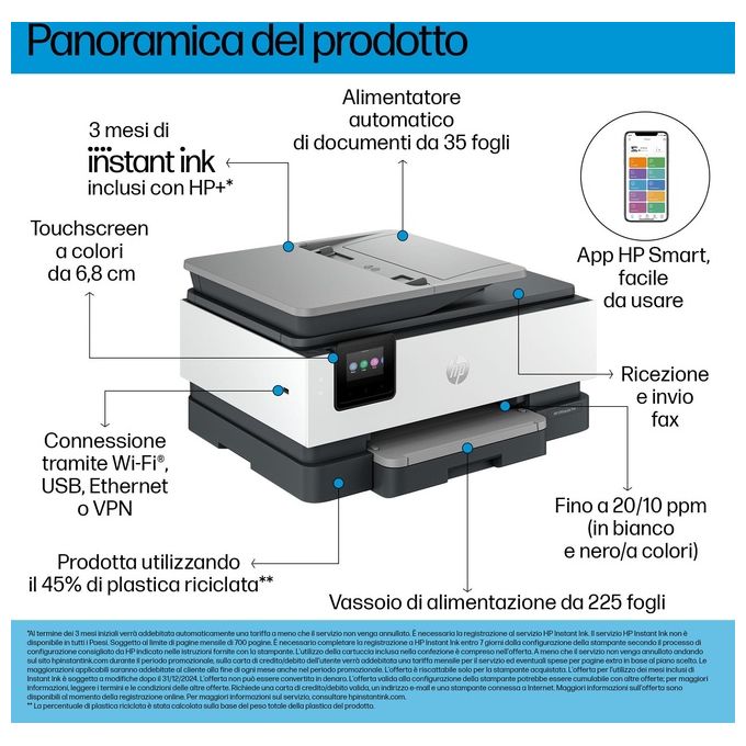 HP 40Q45B OfficeJet Pro 8132e Stampante Multifunzione a Getto d'Inchiostro Colore con Wi-Fi Ethernet Bluetooth e Stampa Fronte Retro Automatica colore Grigio
