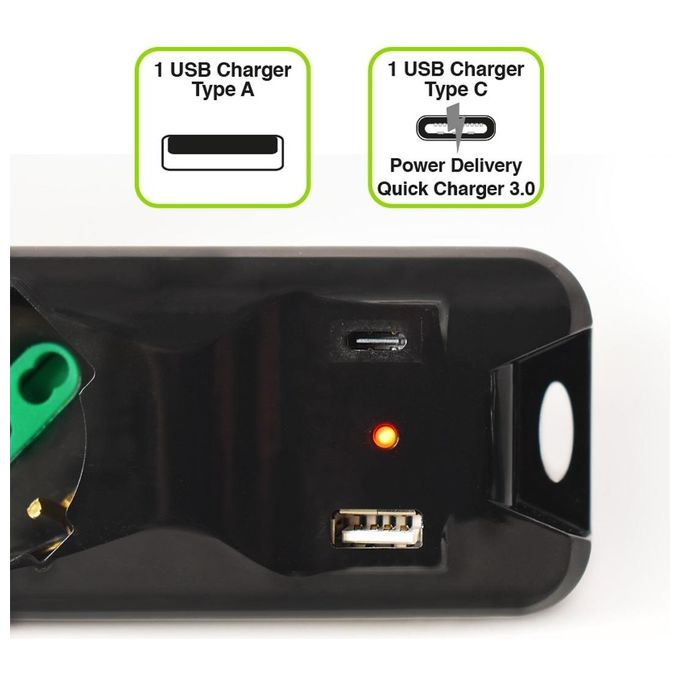 Tecnoware Power Systems Multipresa Power Cleaner 5 5 Uscite Italia-Schuko 1 USB-A  1 USB-C Power Delivery e Quick Charger 3.0 Nero