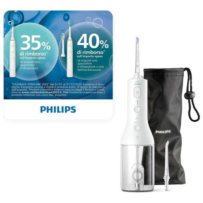 Philips HX3826-31 Sonicare Power Flosser 3000 Irrigatore Orale Cordless Quad Stream 2 modalita' 3 intensita' 250 ml autonomia 14 giorni colore Bianco