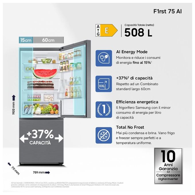 Samsung RB50DG602ES9 F1rst75 Frigorifero Combinato 508 L 192 cm Classe E 35 dB Total No Frost Wi-Fi SpaceMax colore Acciaio Inox