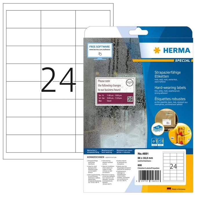 Herma Etichette Resistenti 66x33,8mm 25 Fogli A4 600 Pezzi