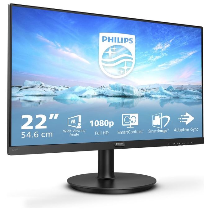 Philips Monitor 221V8A da 22'', Adaptive Sync 75 Hz, VA, Full HD, 4 ms, HDMI, VGA, Casse Audio Integrate, Attacco VESA, Nero
