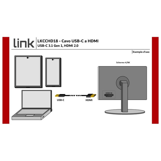 Link Cavo Usb-C Maschio - Hdmi 2.0 Maschio con Hdcp 2.2 4k60hz 1.80mt